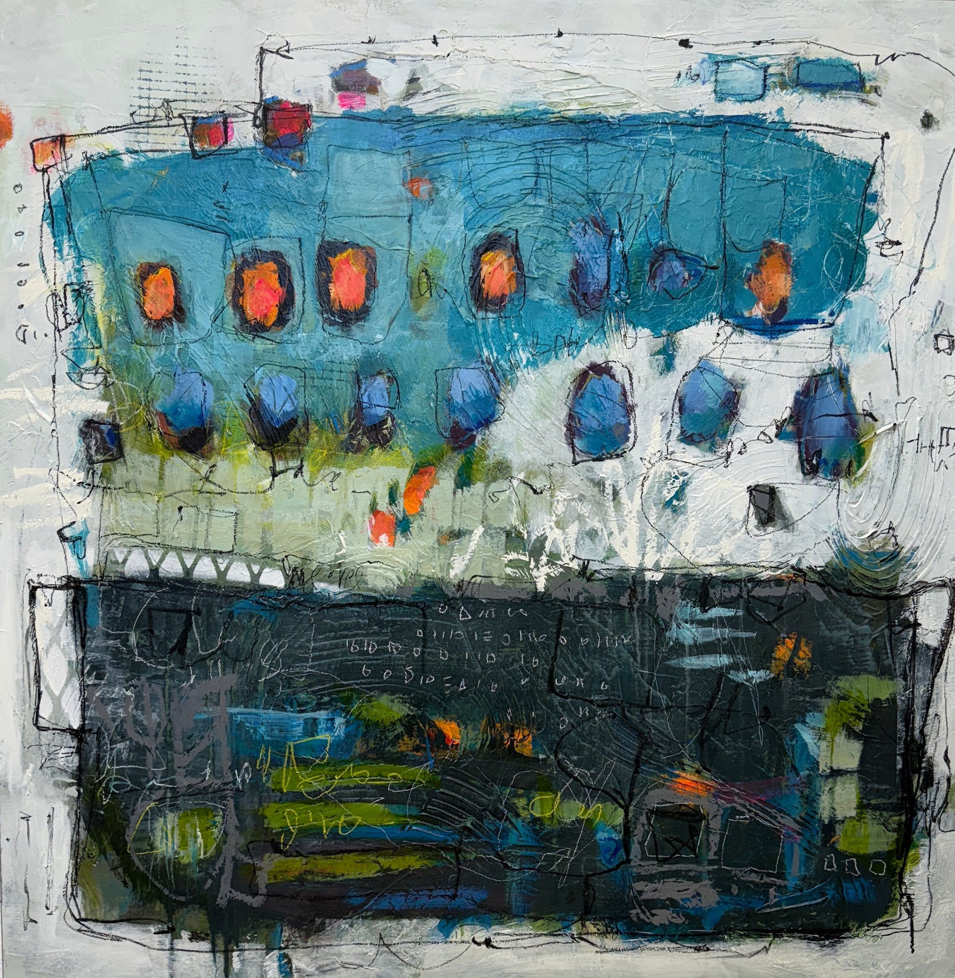 Abstract artwork with a mix of blue, black, and orange colors on a white background lori mirabelli.