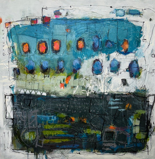 Abstract artwork with a mix of blue, black, and orange colors on a white background lori mirabelli.