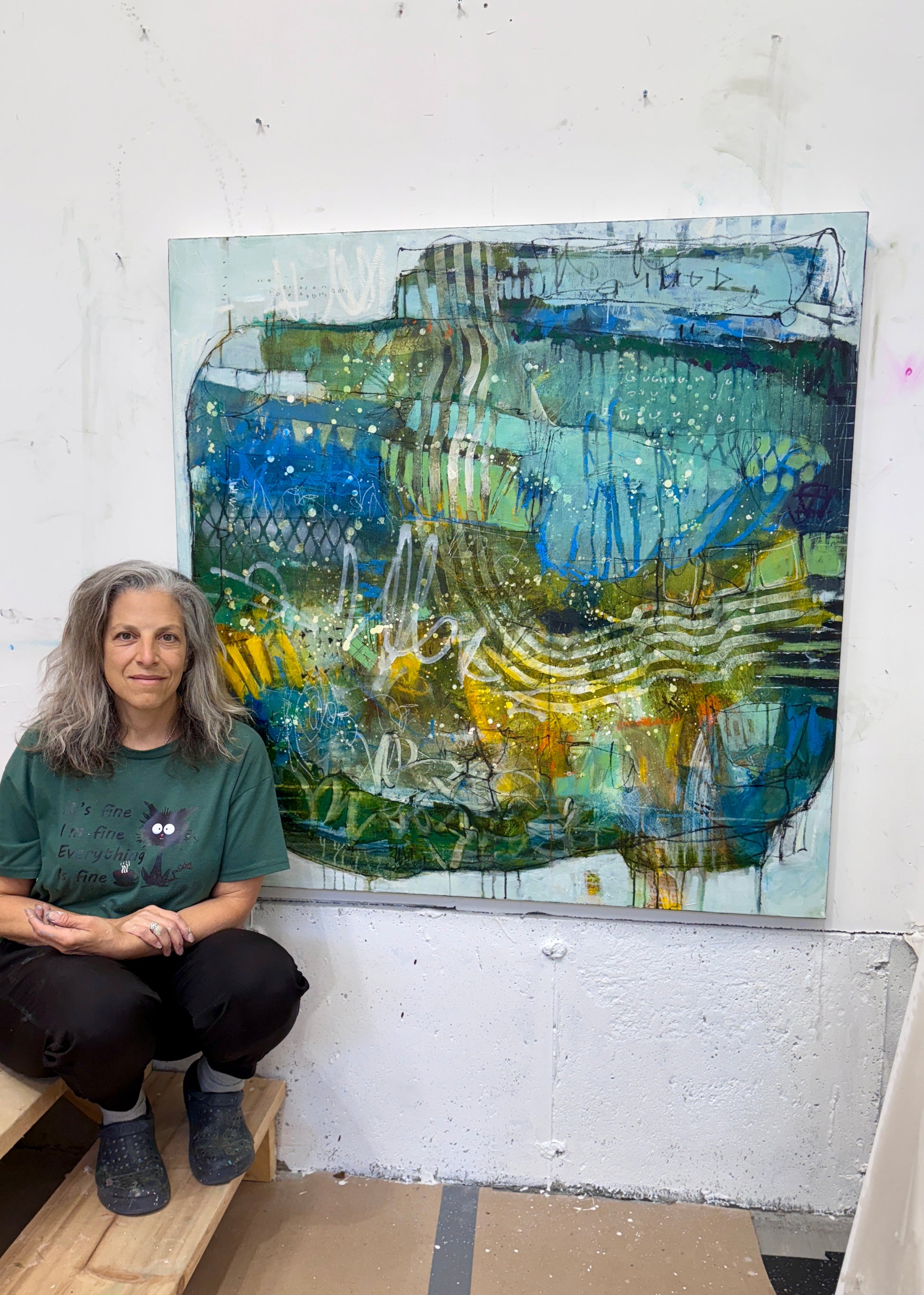 ABstract paintings interior design art toronto Lori Mirabelli 48x48 green art blue paintings