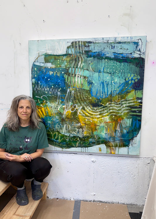 ABstract paintings interior design art toronto Lori Mirabelli 48x48 green art blue paintings