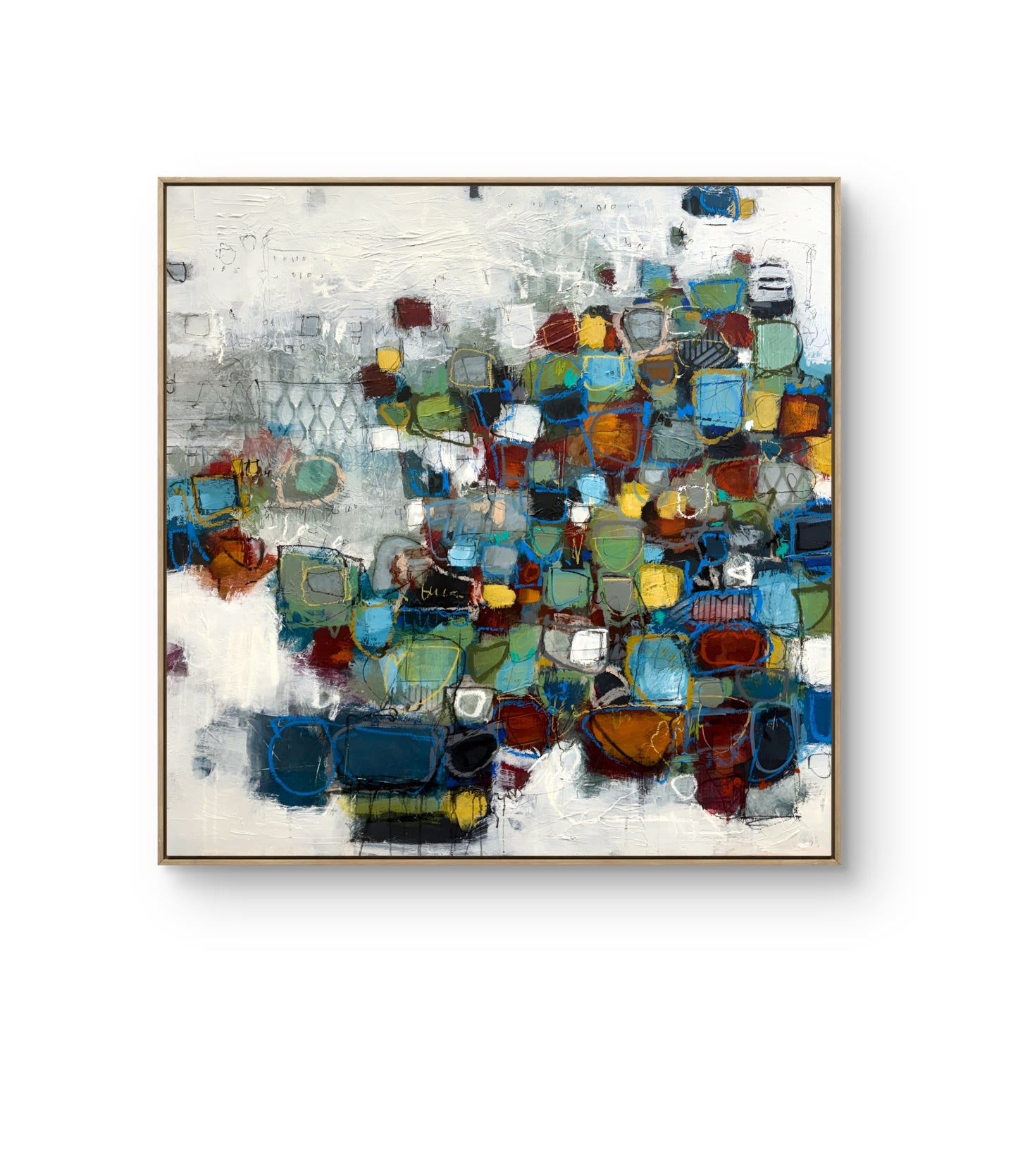 Original abstract mixed-media painting for sale, featuring layered geometric shapes in blues, greens, ochres, and rust tones on a textured neutral background.