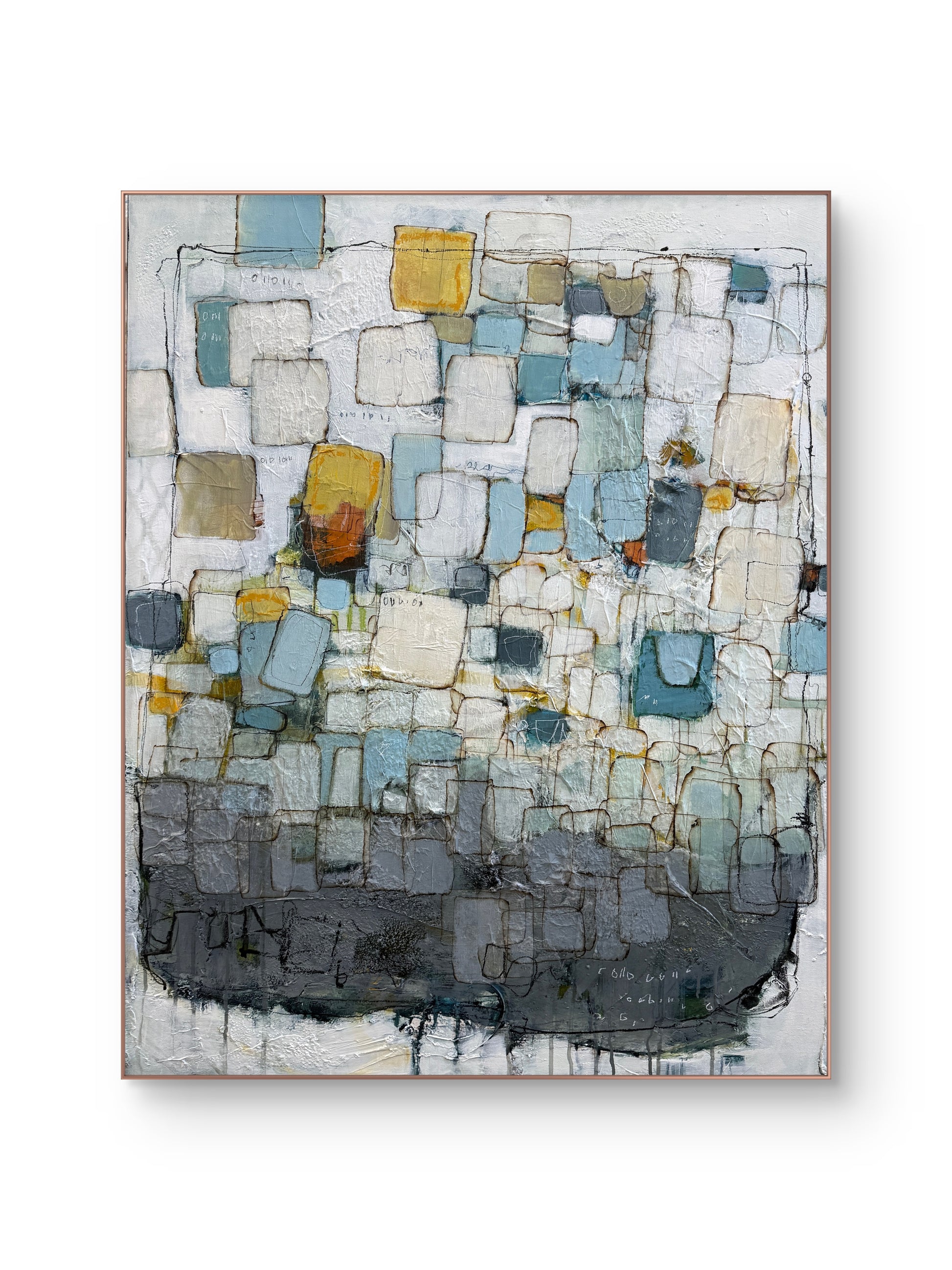 An abstract framed painting featuring a mosaic of geometric blocks in shades of blue, gray, white, and yellow, with a dark textured base at the bottom.