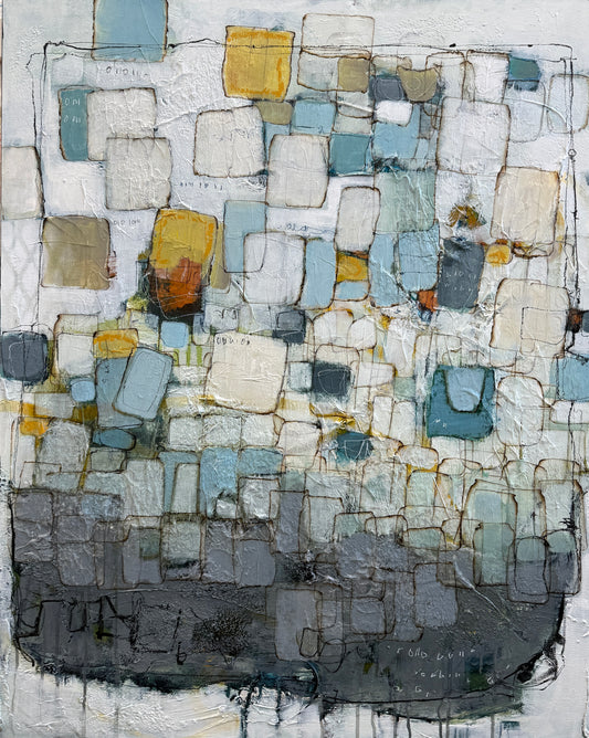 An abstract textured painting featuring a grid-like pattern of rectangular blocks in shades of gray, blue, white, beige, and yellow, with a dark charcoal base at the bottom.