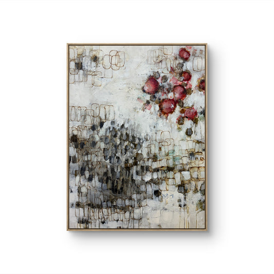 Abstract art piece with floral elements and geometric shapes on a white background