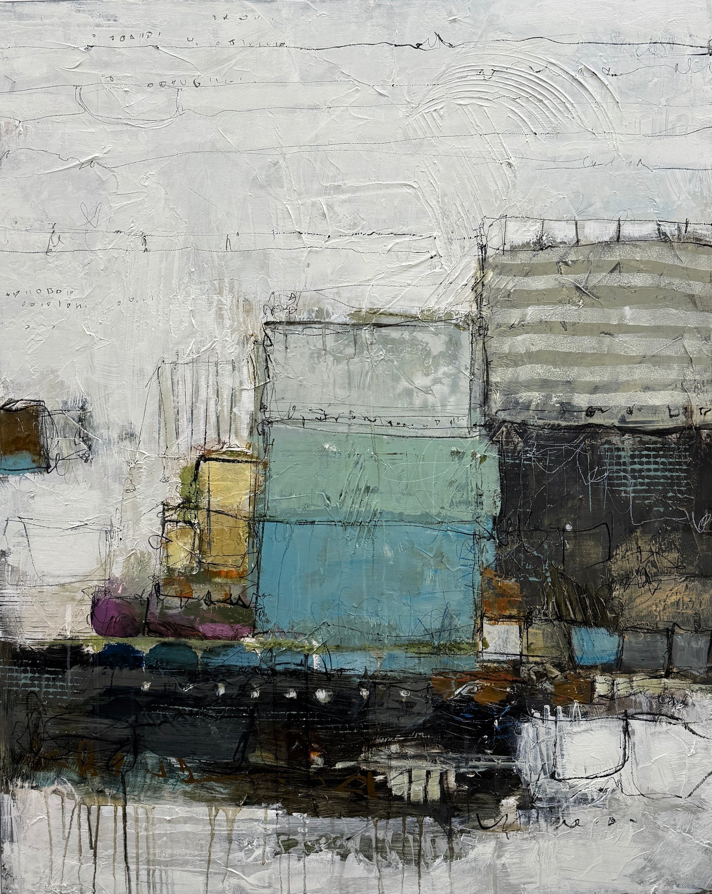 Abstract art piece with a mix of white, gray, blue, and brown colors.