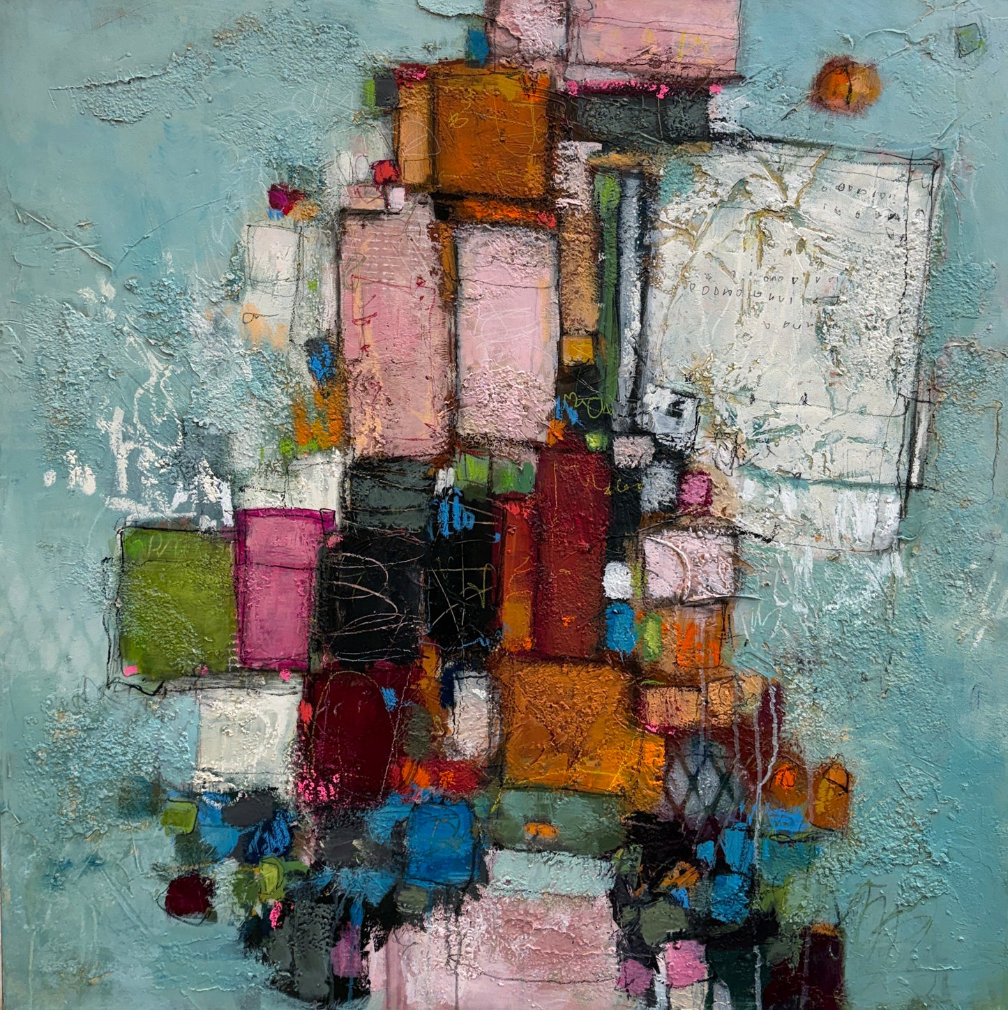 Abstract art piece with geometric shapes and a textured background