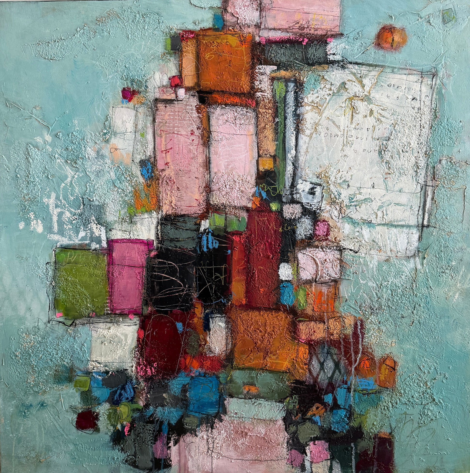Abstract painting with geometric shapes and vibrant colors on a textured surface.