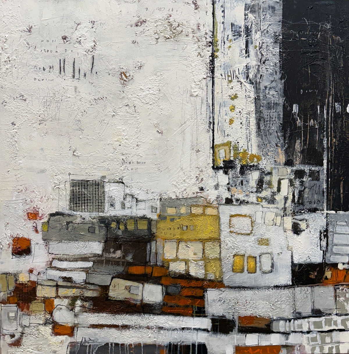 Square abstract painting with a large textured off-white area across the upper left. A charcoal-black section fills the upper right. Along the lower half, layered rectangular shapes and fine marks in grey, white, mustard yellow and rust orange suggest a loose cityscape.