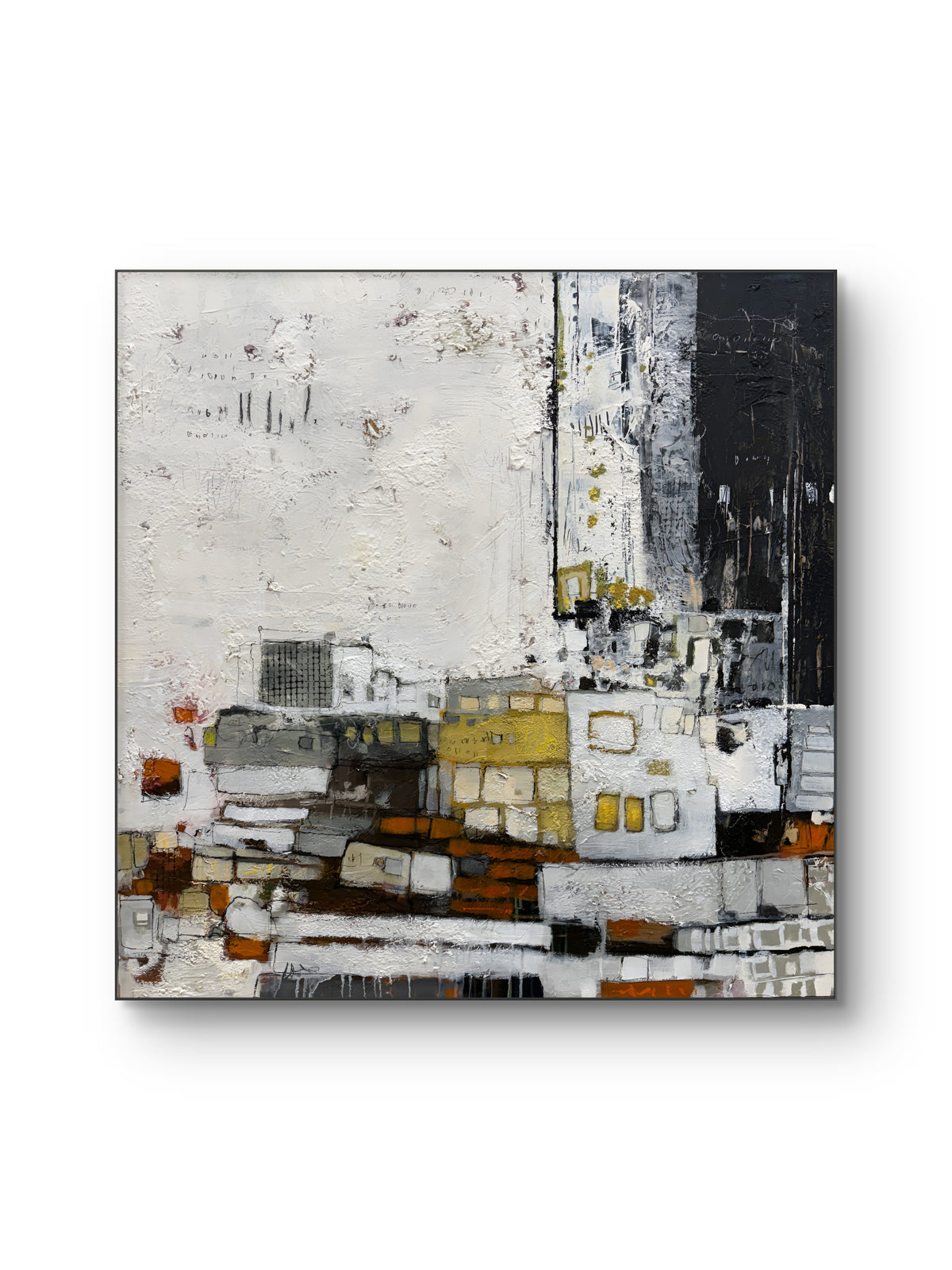 Square abstract painting with a large textured off-white area across the upper left. A charcoal-black section fills the upper right. Along the lower half, layered rectangular shapes and fine marks in grey, white, mustard yellow and rust orange suggest a loose cityscape.