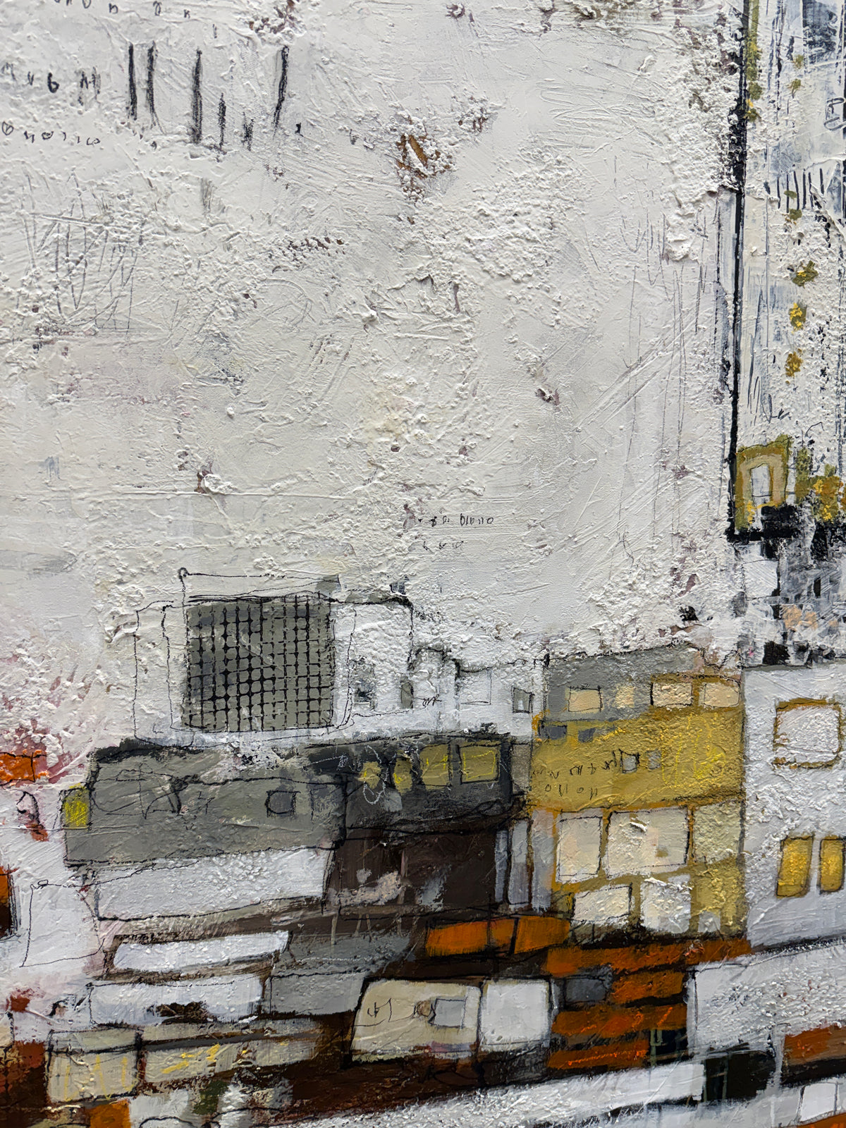 Square abstract painting with a large textured off-white area across the upper left. A charcoal-black section fills the upper right. Along the lower half, layered rectangular shapes and fine marks in grey, white, mustard yellow and rust orange suggest a loose cityscape.