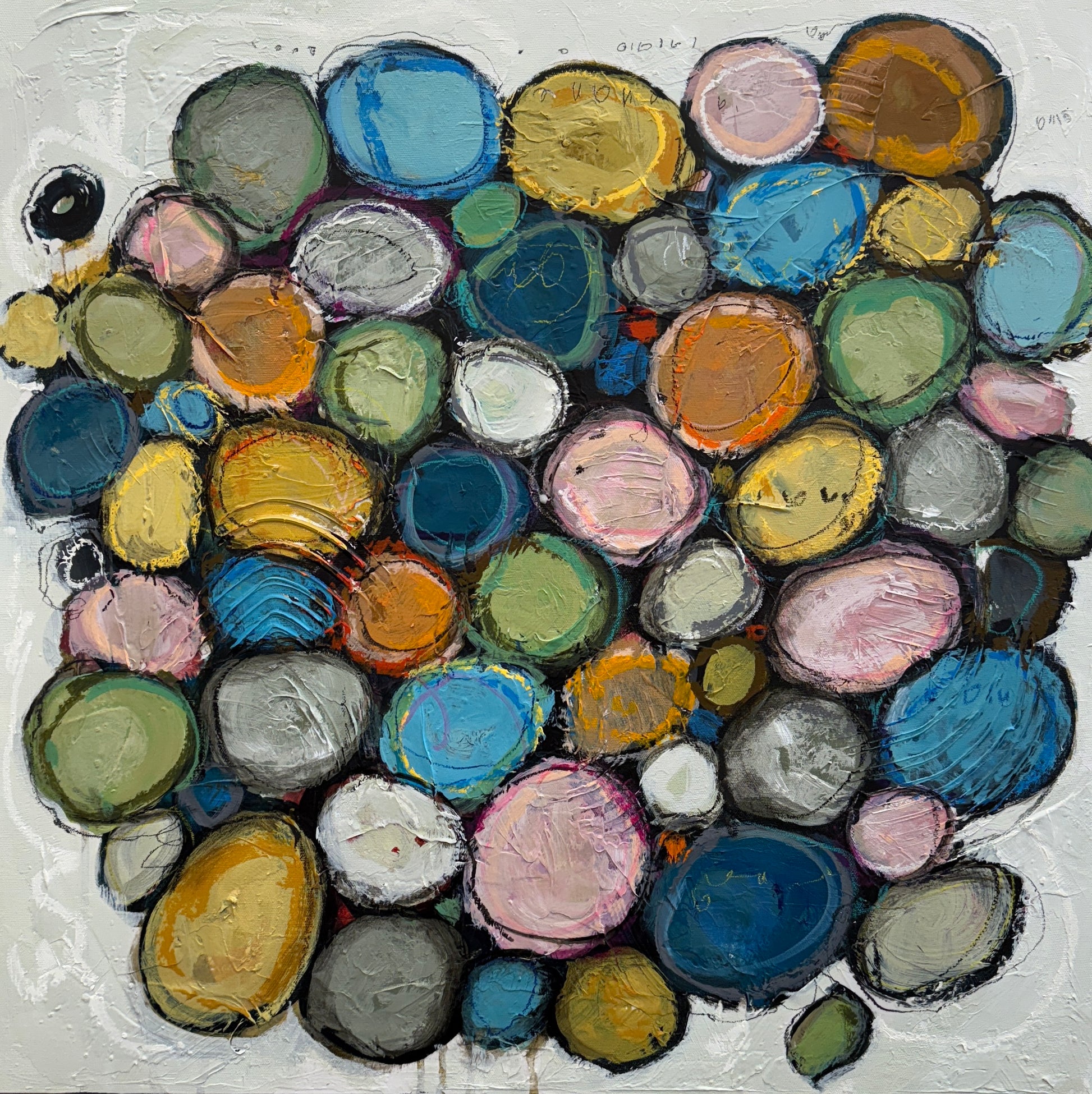 Contemporary abstract acrylic painting on canvas featuring layered colourful circular forms in soft blue, pink, green, gold, and neutral tones, surrounded by textured white space with expressive mark making and organic composition.