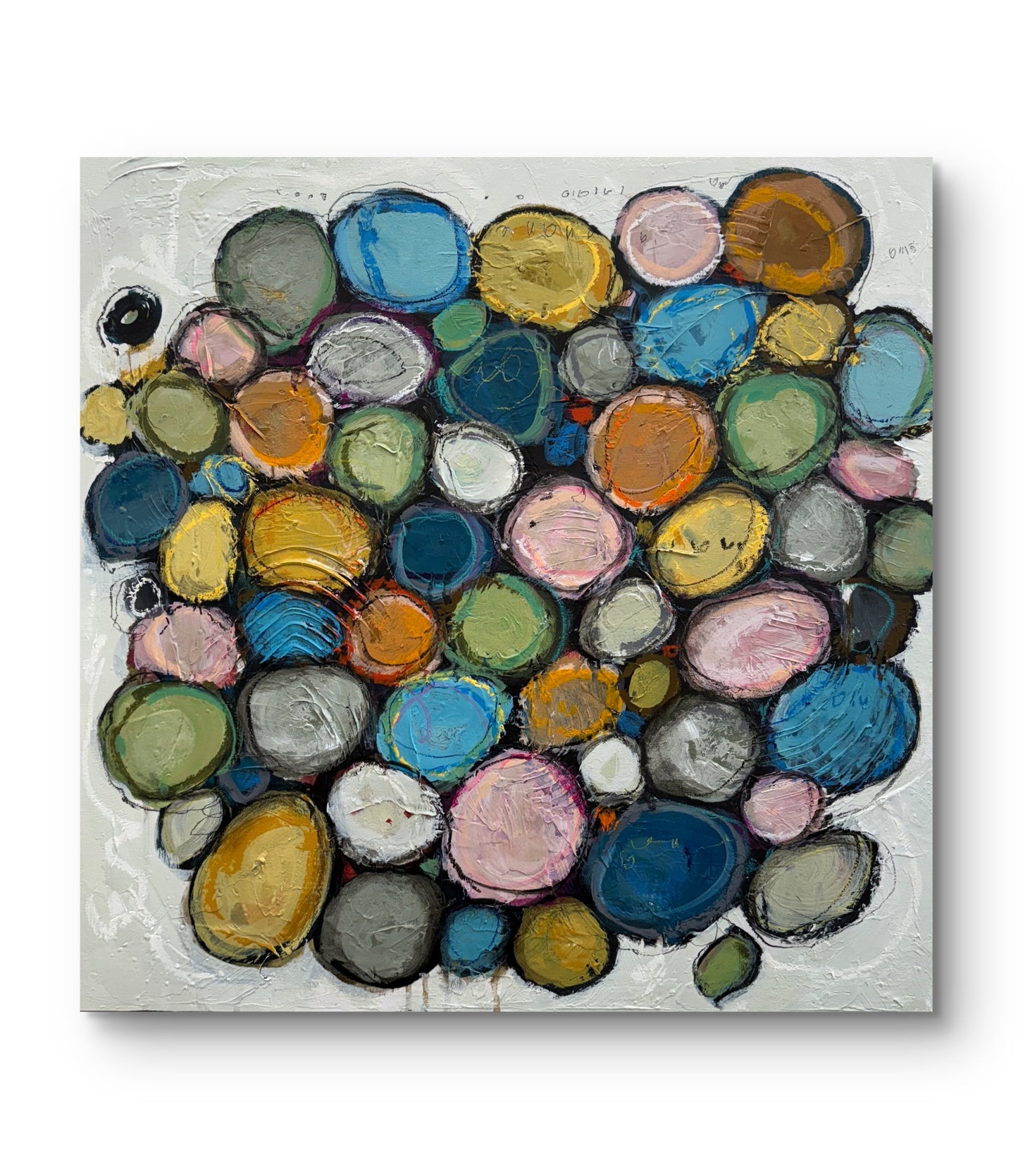 Contemporary abstract acrylic painting on canvas featuring layered colourful circular forms in soft blue, pink, green, gold, and neutral tones, surrounded by textured white space with expressive mark making and organic composition.