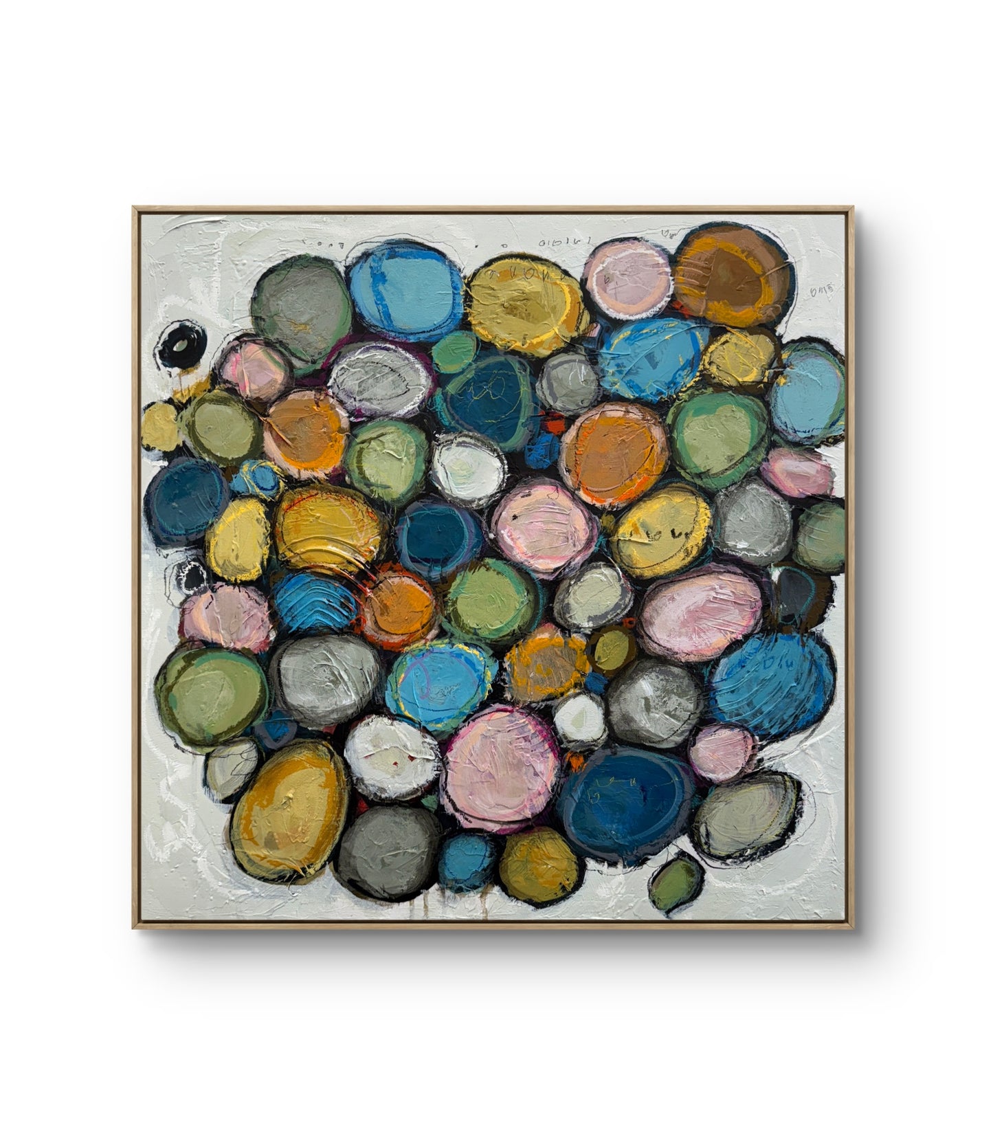 Contemporary abstract acrylic painting on canvas featuring layered colourful circular forms in soft blue, pink, green, gold, and neutral tones, surrounded by textured white space with expressive mark making and organic composition.
