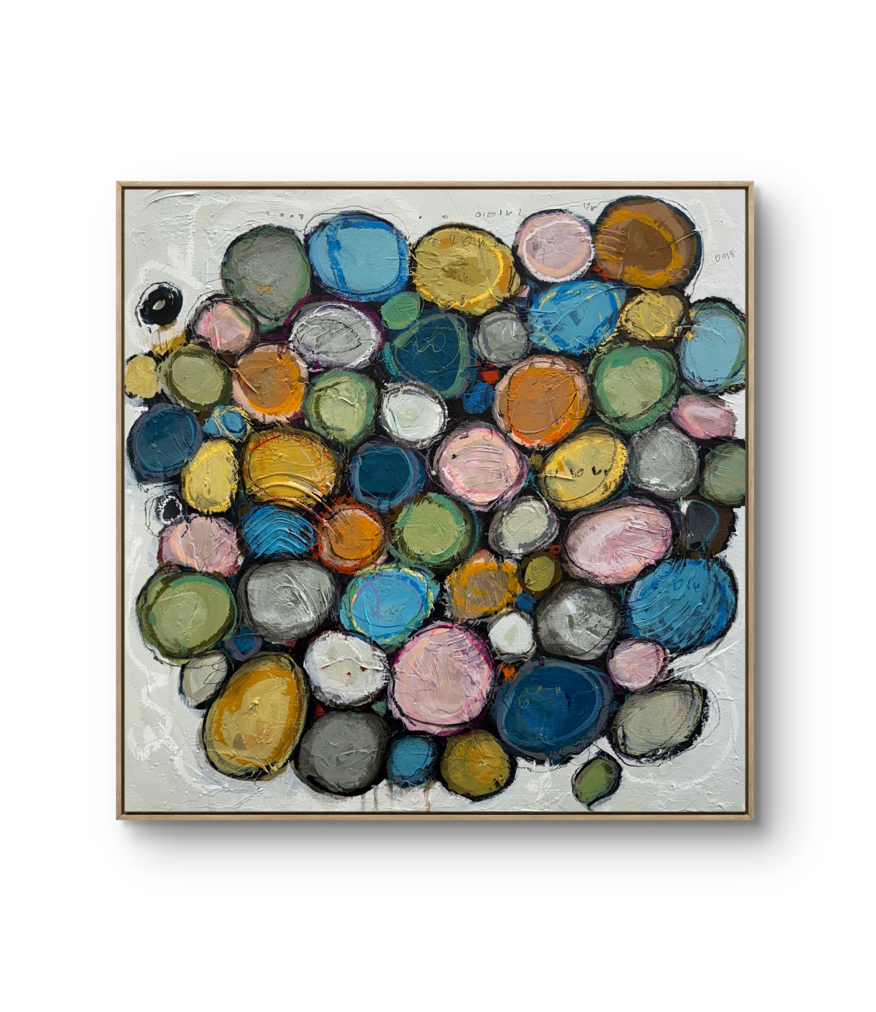 Contemporary abstract acrylic painting on canvas featuring layered colourful circular forms in soft blue, pink, green, gold, and neutral tones, surrounded by textured white space with expressive mark making and organic composition.