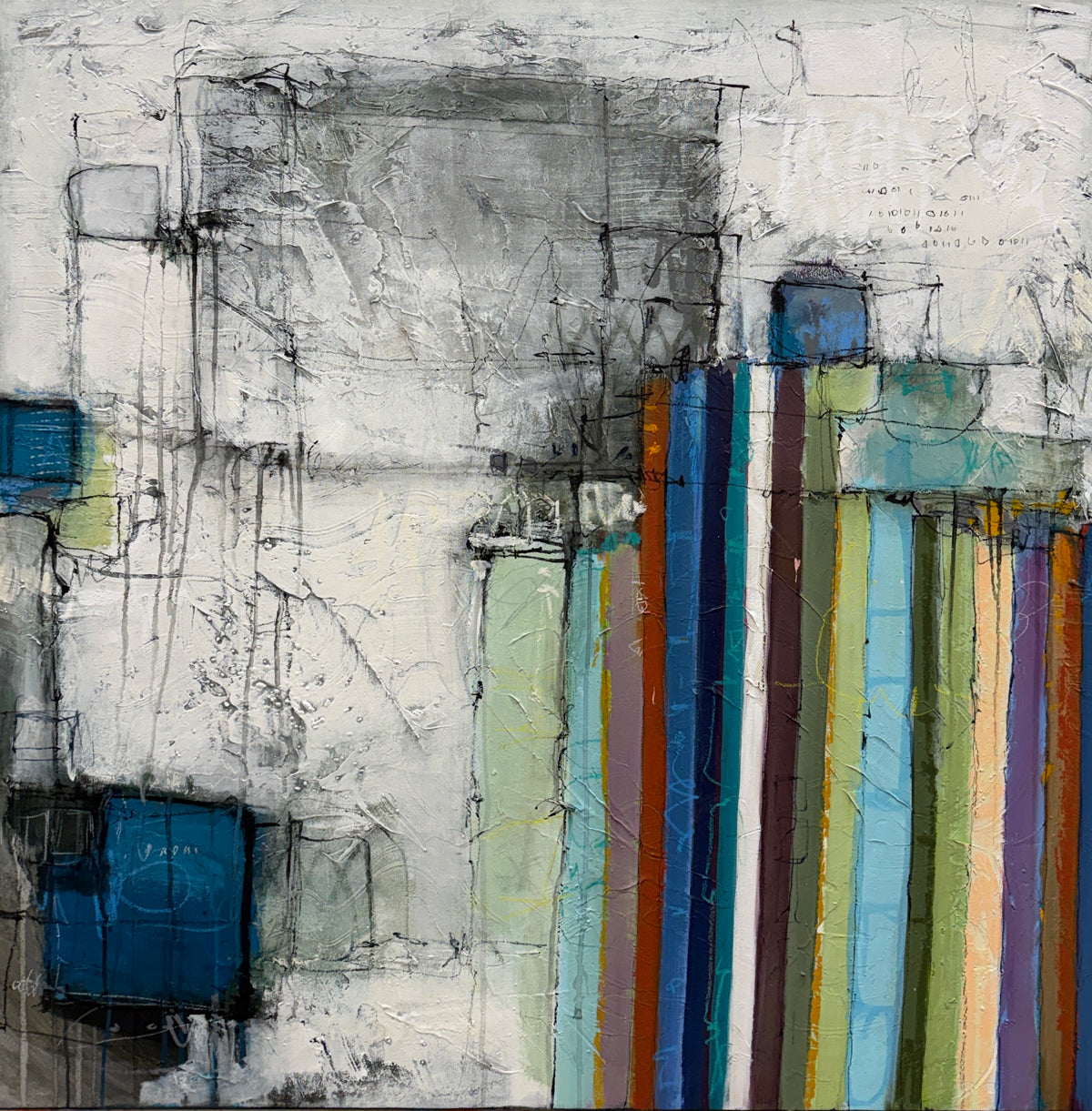 An abstract canvas painting featuring textured gray and white blocks with vertical stripes in blue, teal, green, orange, and purple on the right side.