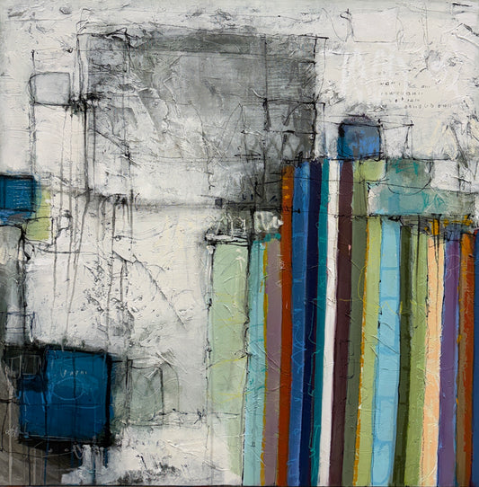 An abstract canvas painting featuring textured gray and white blocks with vertical stripes in blue, teal, green, orange, and purple on the right side.