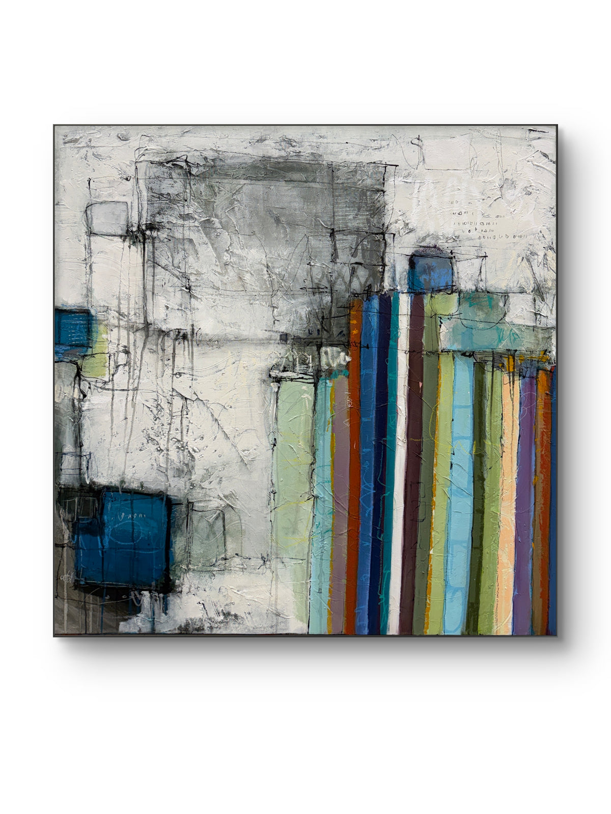 An abstract canvas painting featuring textured gray and white brushstrokes with vertical stripes in blue, green, orange, and purple on the right side, shown against a plain white background.