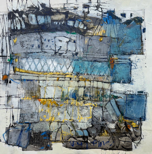 30x30 inch abstract acrylic painting on canvas featuring layered geometric shapes in grey, blue, and white with pops of bright yellow. The surface has rich texture, visible brushstrokes, and mark-making that gives it an urban, architectural feel with hints of movement and depth lori mirabelli