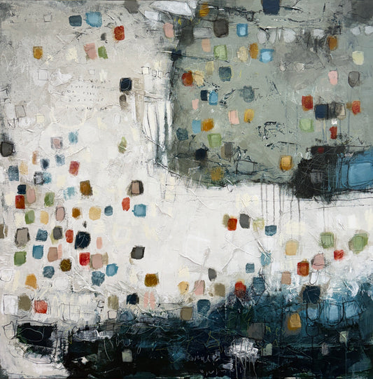 Abstract art piece with a mix of colors and textures on a white background