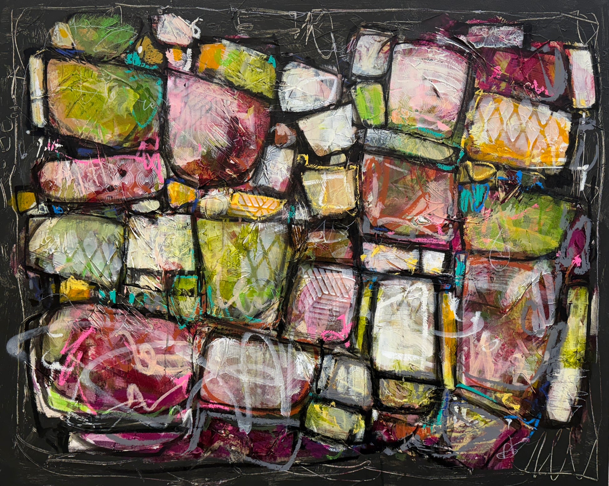 Abstract art piece with colorful geometric shapes on a black background Artist Lori mirabelli