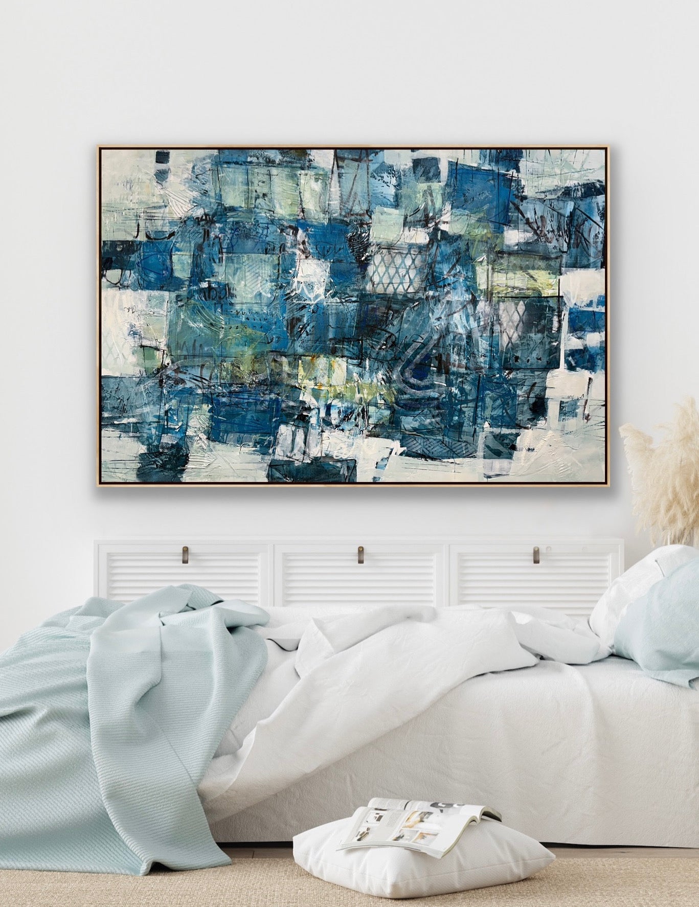 Abstract blue painting on a wall above a bed in a bedroom interior design art Lori mirabelli 40x60 inches