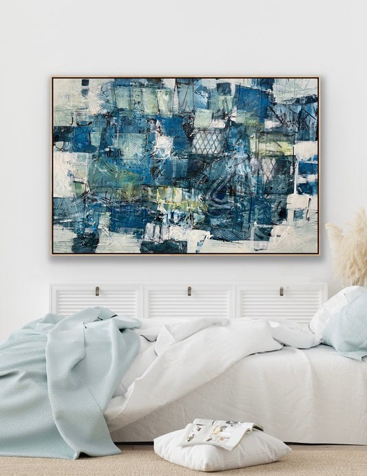 Abstract blue painting on a wall above a bed in a bedroom interior design art Lori mirabelli 40x60 inches