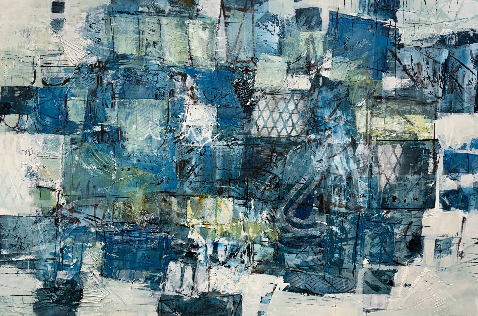 Abstract blue painting on a wall above a bed in a bedroom interior design art Lori mirabelli 40x60 inches