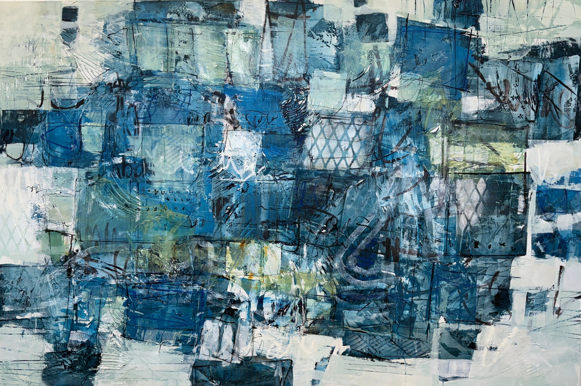 Abstract blue painting on a wall above a bed in a bedroom interior design art Lori mirabelli 40x60 inches