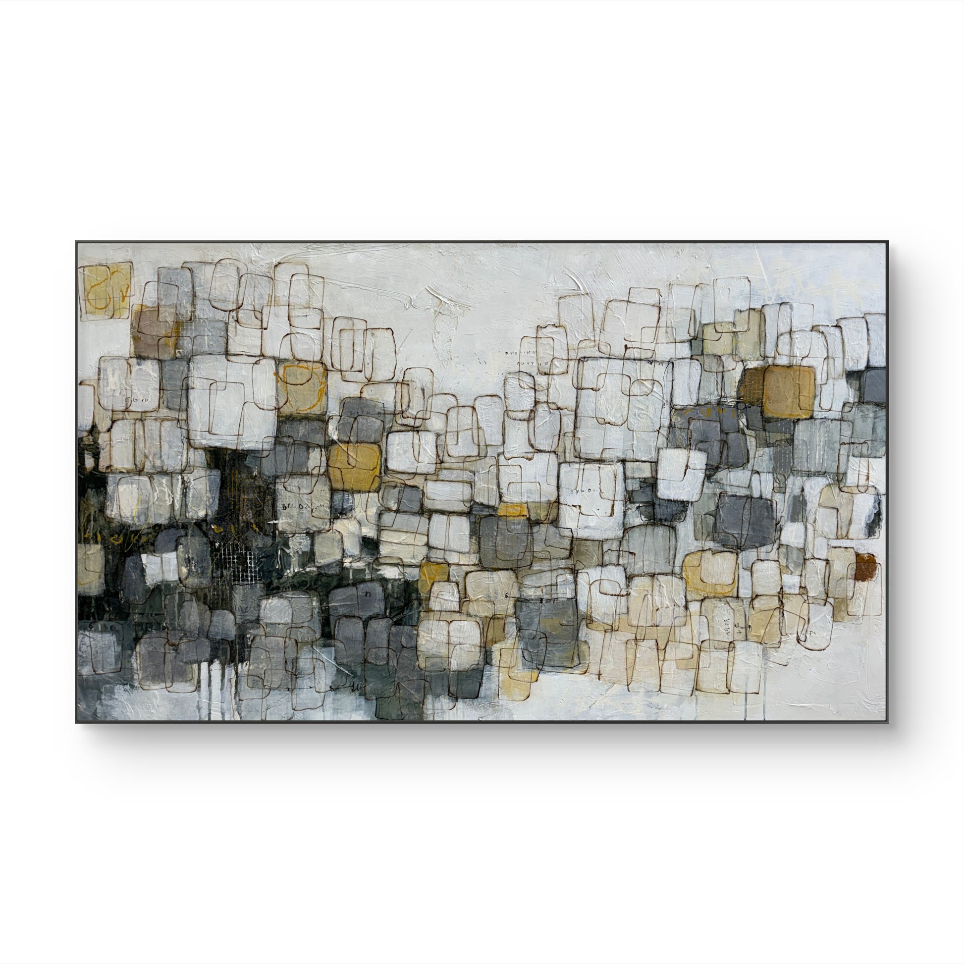An abstract canvas painting featuring a textured arrangement of geometric blocks and lines in shades of gray, white, black, and muted gold, displayed on a clean white background.