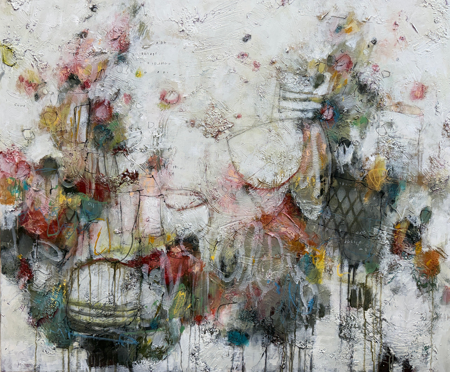 An abstract mixed-media painting featuring a textured off-white background with layered splatters, drips, and gestural marks in muted red, pink, gray, green, yellow, and black.