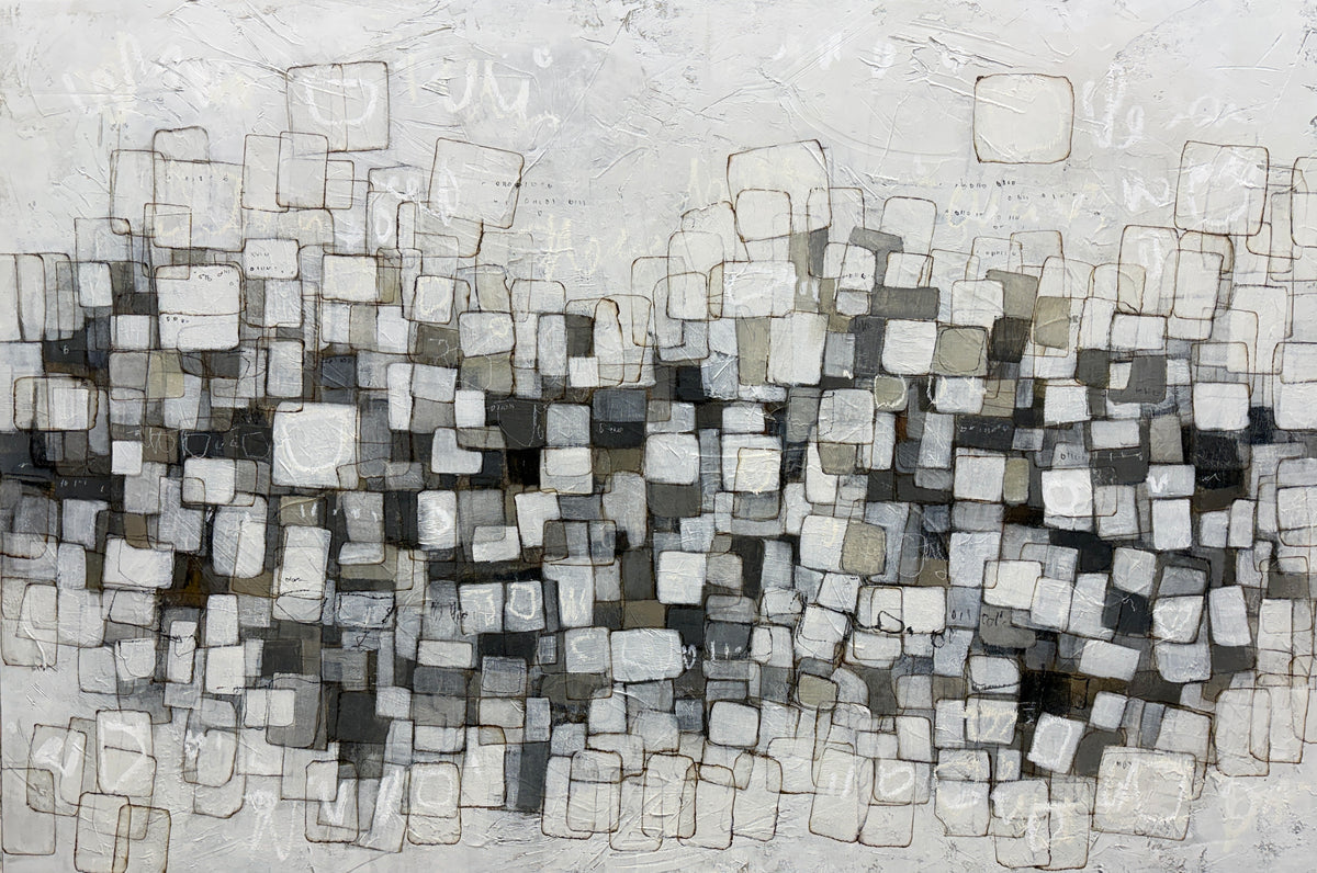 An abstract canvas painting featuring a dense, textured pattern of overlapping rectangular blocks in shades of gray, black, white, and beige, with a lighter, textured off-white background.