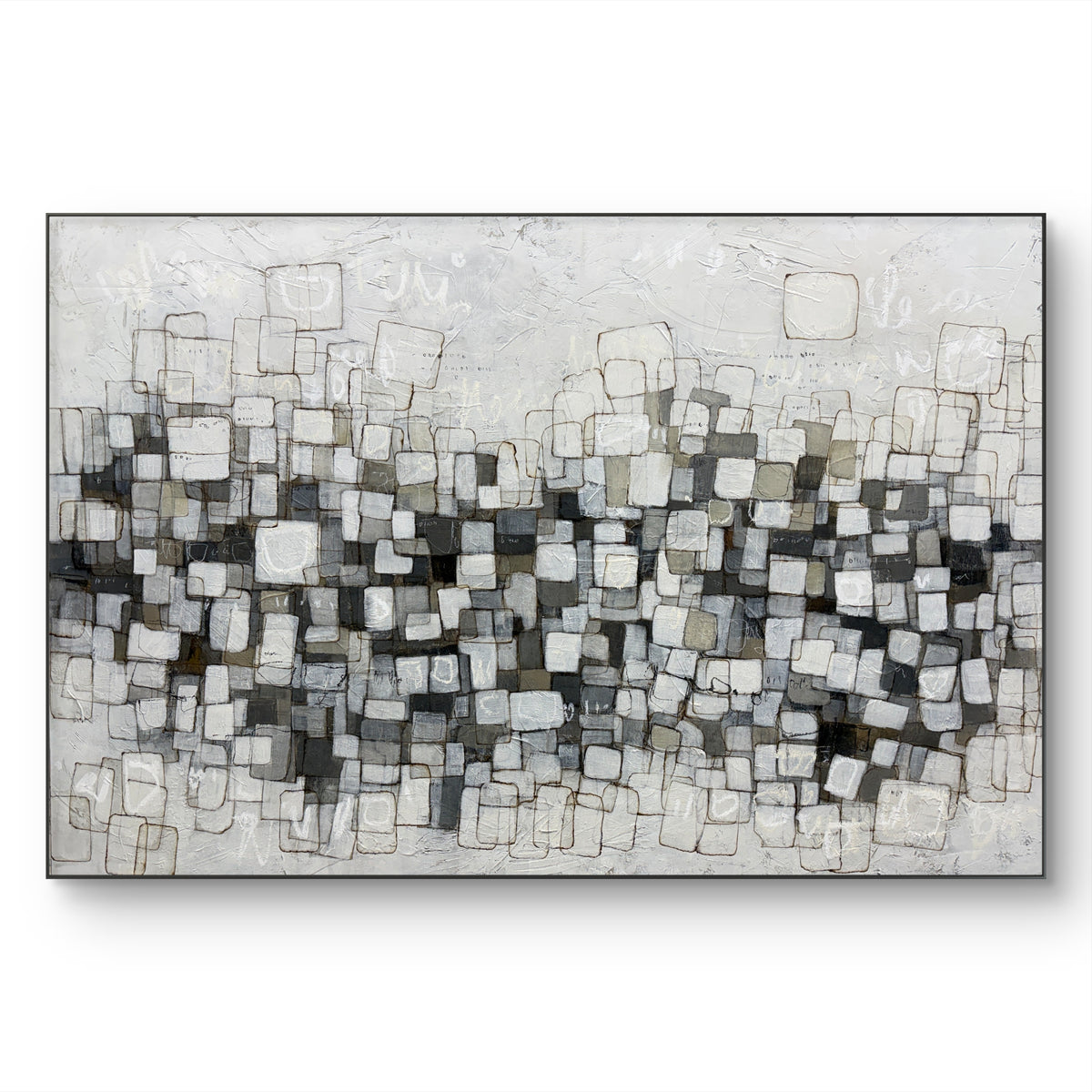 An abstract canvas painting featuring a dense arrangement of square and rectangular blocks in shades of gray, white, and black, with a textured light gray background. The painting is framed with a thin dark border and is shown against a plain white background.