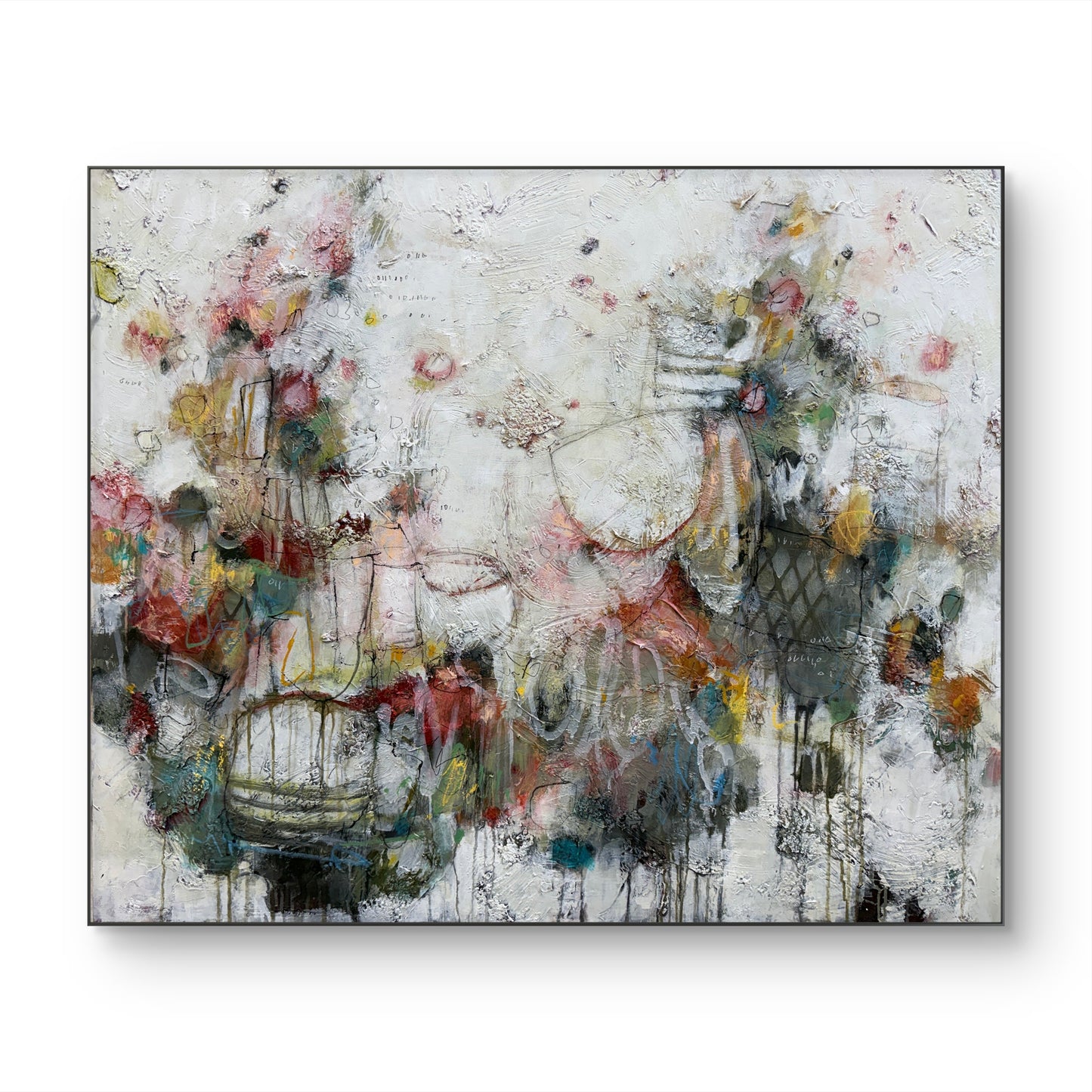 An abstract canvas painting featuring a textured off-white background with layered splatters, drips, and organic floral-like forms in muted red, green, yellow, blue, and black tones.