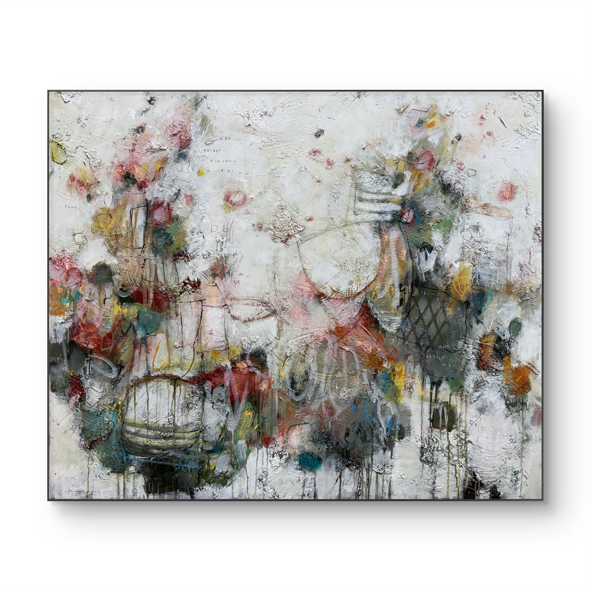 An abstract canvas painting featuring a textured off-white background with layered splatters, drips, and organic floral-like forms in muted red, green, yellow, blue, and black tones.