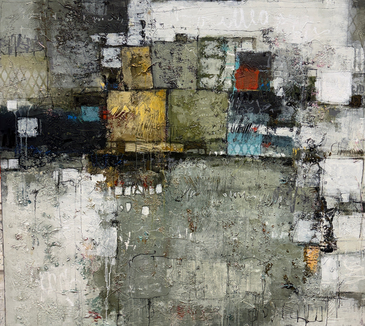 abstract painting, acrylic on canvas, textured surface, geometric composition, large scale, statement piece, earthy palette, olive green, charcoal grey, ochre yellow, turquoise accents, contemporary interiors, Canadian painter, Lori Mirabelli, Ottawa, Toronto, Montreal, Smiths Falls, 54x60
