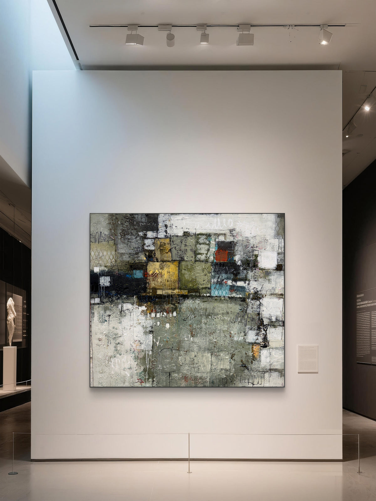 abstract painting, acrylic on canvas, textured surface, geometric composition, large scale, statement piece, earthy palette, olive green, charcoal grey, ochre yellow, turquoise accents, contemporary interiors, Canadian painter, Lori Mirabelli, Ottawa, Toronto, Montreal, Smiths Falls, 54x60