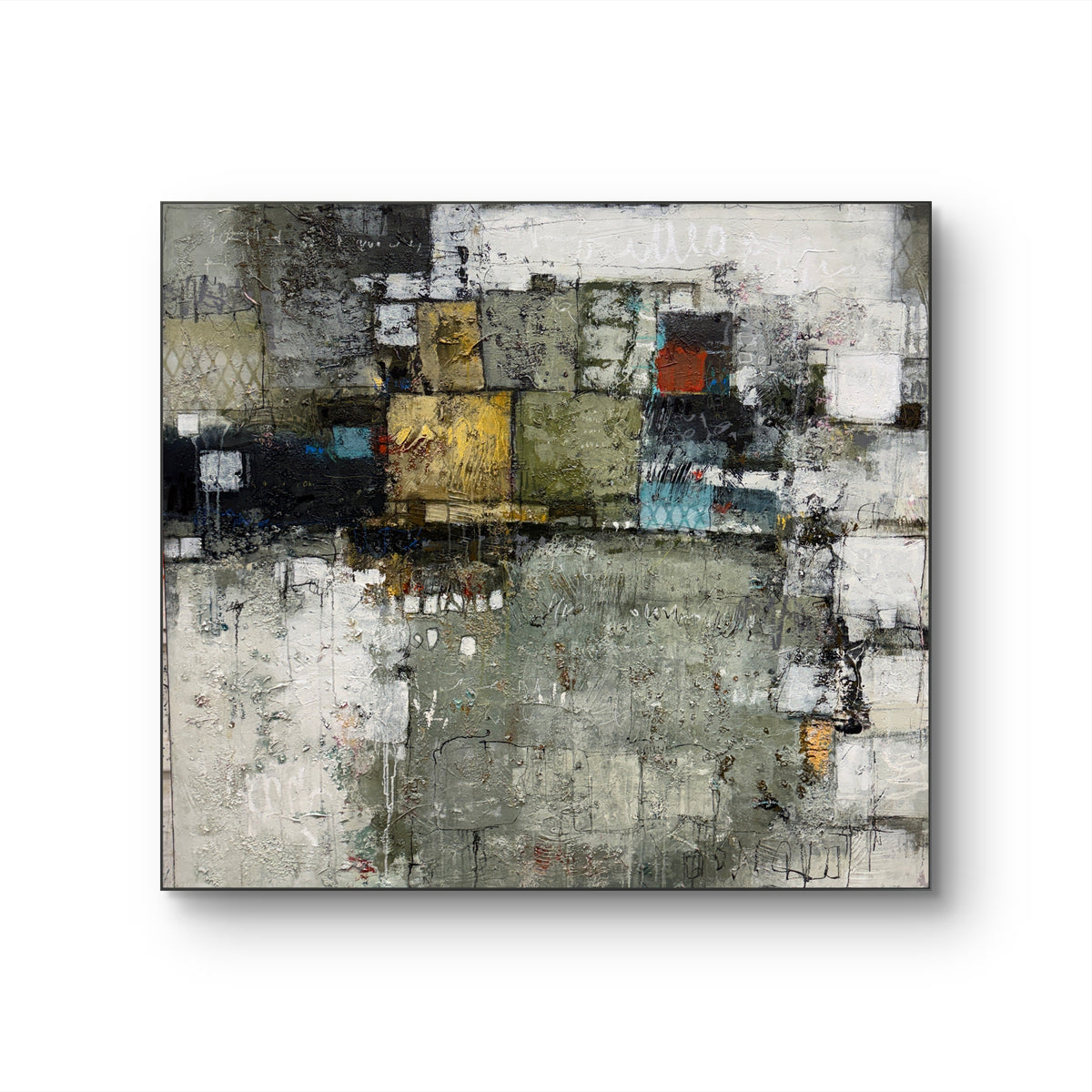abstract painting, acrylic on canvas, textured surface, geometric composition, large scale, statement piece, earthy palette, olive green, charcoal grey, ochre yellow, turquoise accents, contemporary interiors, Canadian painter, Lori Mirabelli, Ottawa, Toronto, Montreal, Smiths Falls, 54x60
