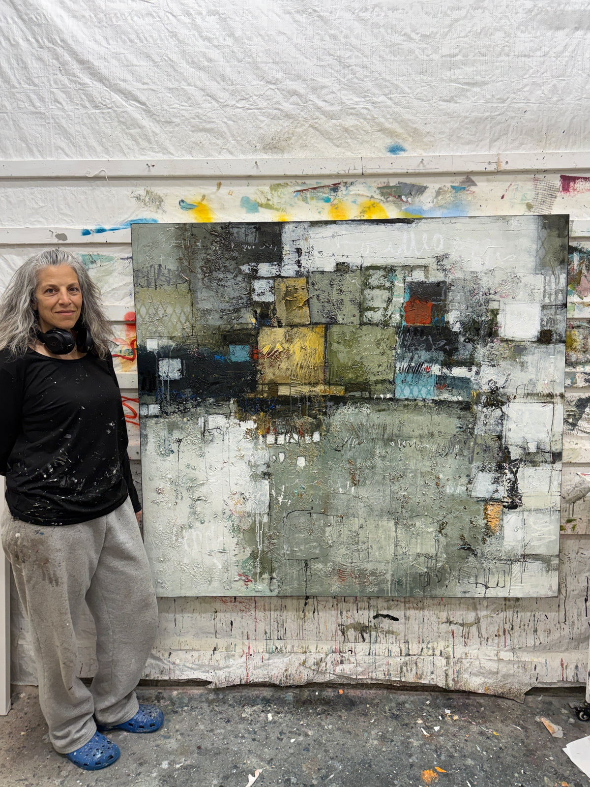 abstract painting, acrylic on canvas, textured surface, geometric composition, large scale, statement piece, earthy palette, olive green, charcoal grey, ochre yellow, turquoise accents, contemporary interiors, Canadian painter, Lori Mirabelli, Ottawa, Toronto, Montreal, Smiths Falls, 54x60