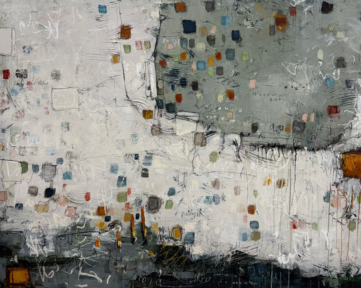 Large 48 × 60-inch abstract painting with textured white and sage-grey fields, scattered small squares in blue, mustard, rust, pink and green, and loose black and white lines. Dark charcoal layers anchor the bottom edge. The painting hangs above a black leather chair with wooden arms against a light wall.