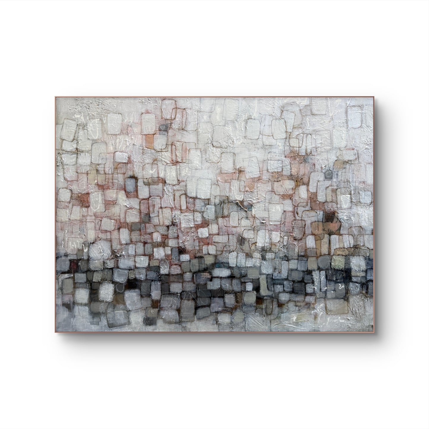 An abstract rectangular canvas painting featuring a textured mosaic of square blocks in shades of gray, white, beige, and muted brown, displayed against a clean white background.