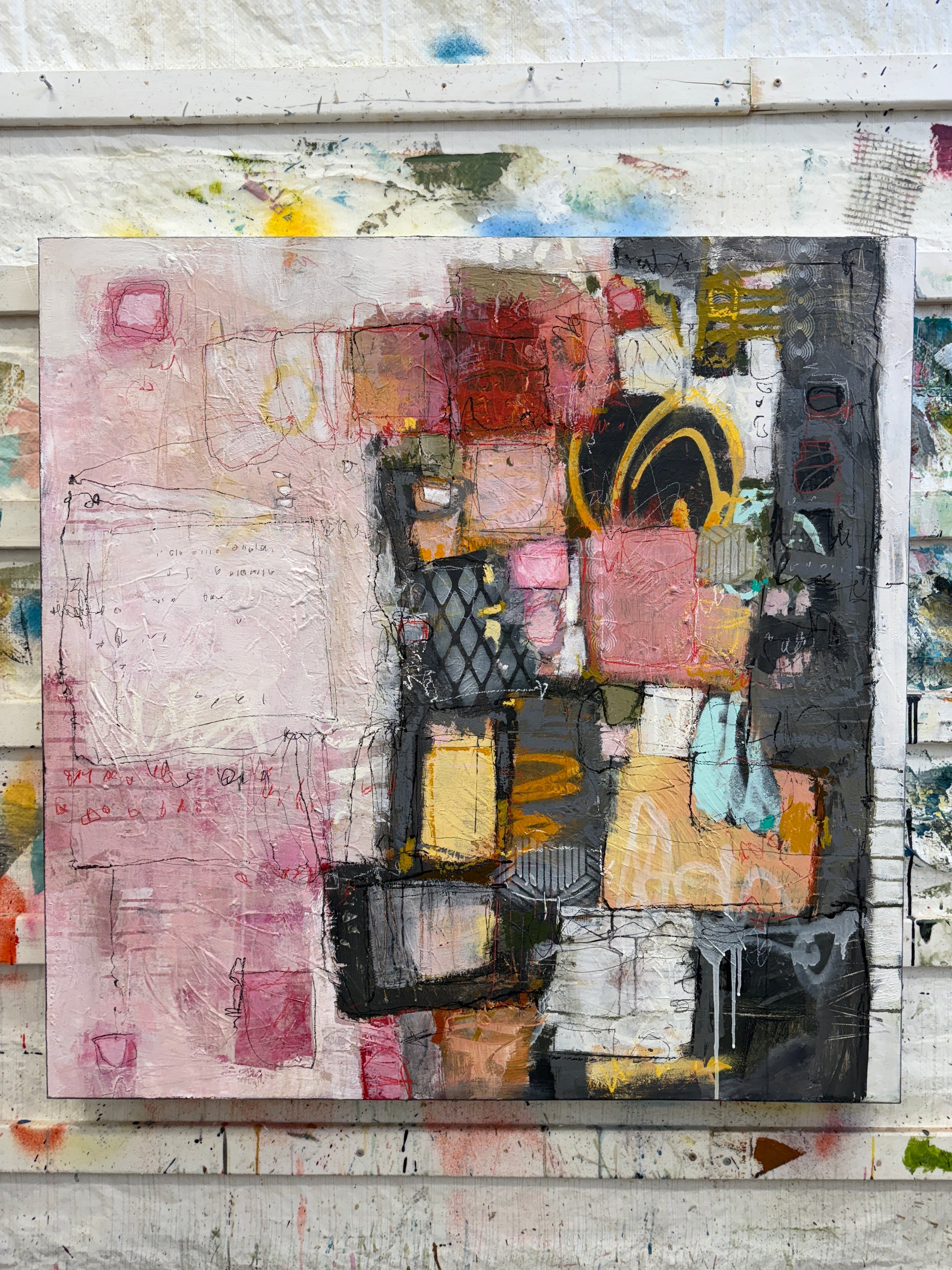 Abstract art piece with a mix of colors and textures Where to buy original art Lori Mirabelli