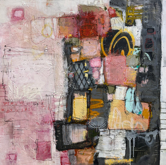 Abstract art piece with a mix of colors and textures Where to buy original art Lori Mirabelli