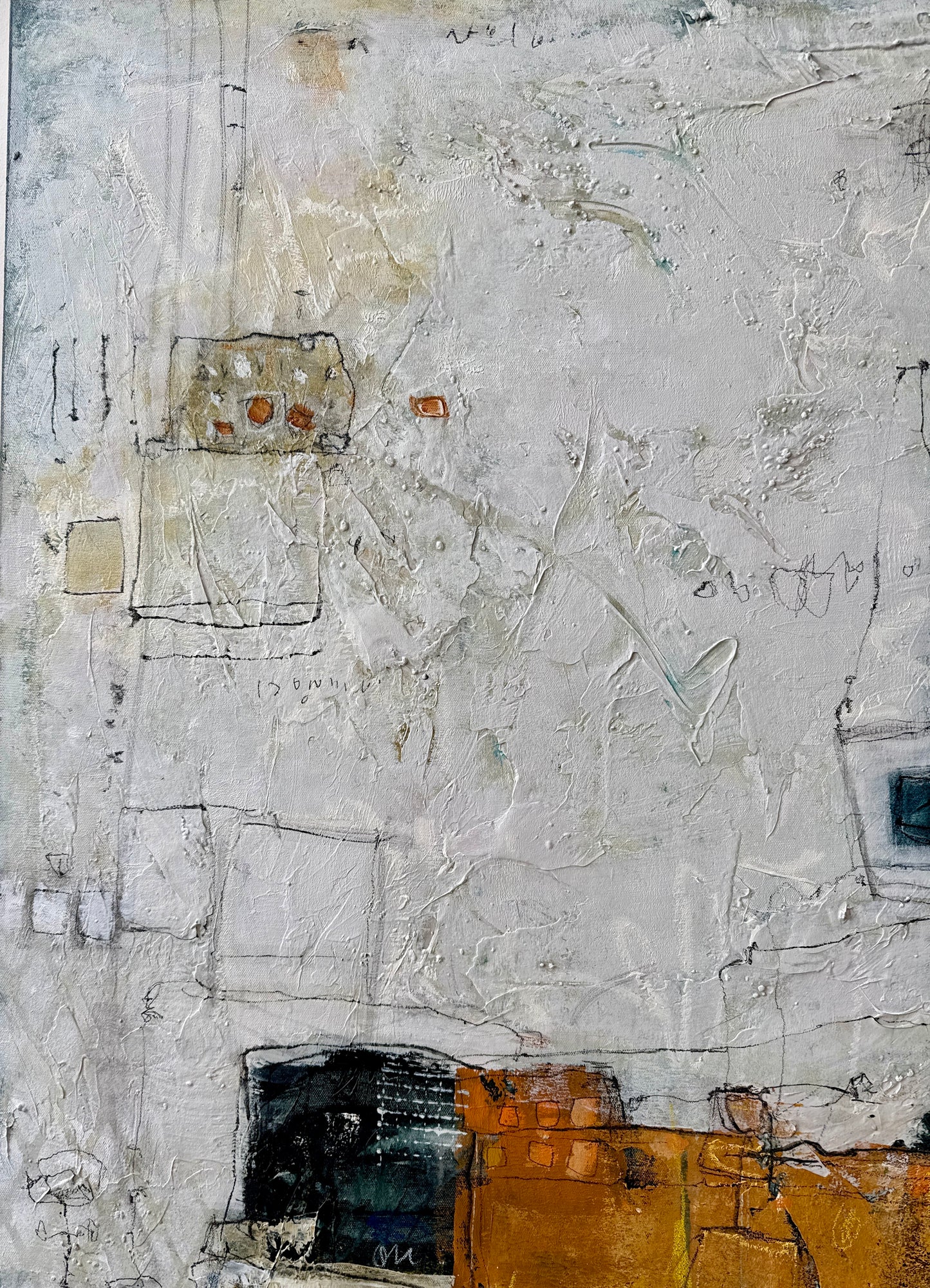 Detail view of Residual, a textured acrylic abstract painting by Lori Mirabelli, showing layered brushwork, black gestural lines, soft white passages, ochre accents, and worn surface texture.