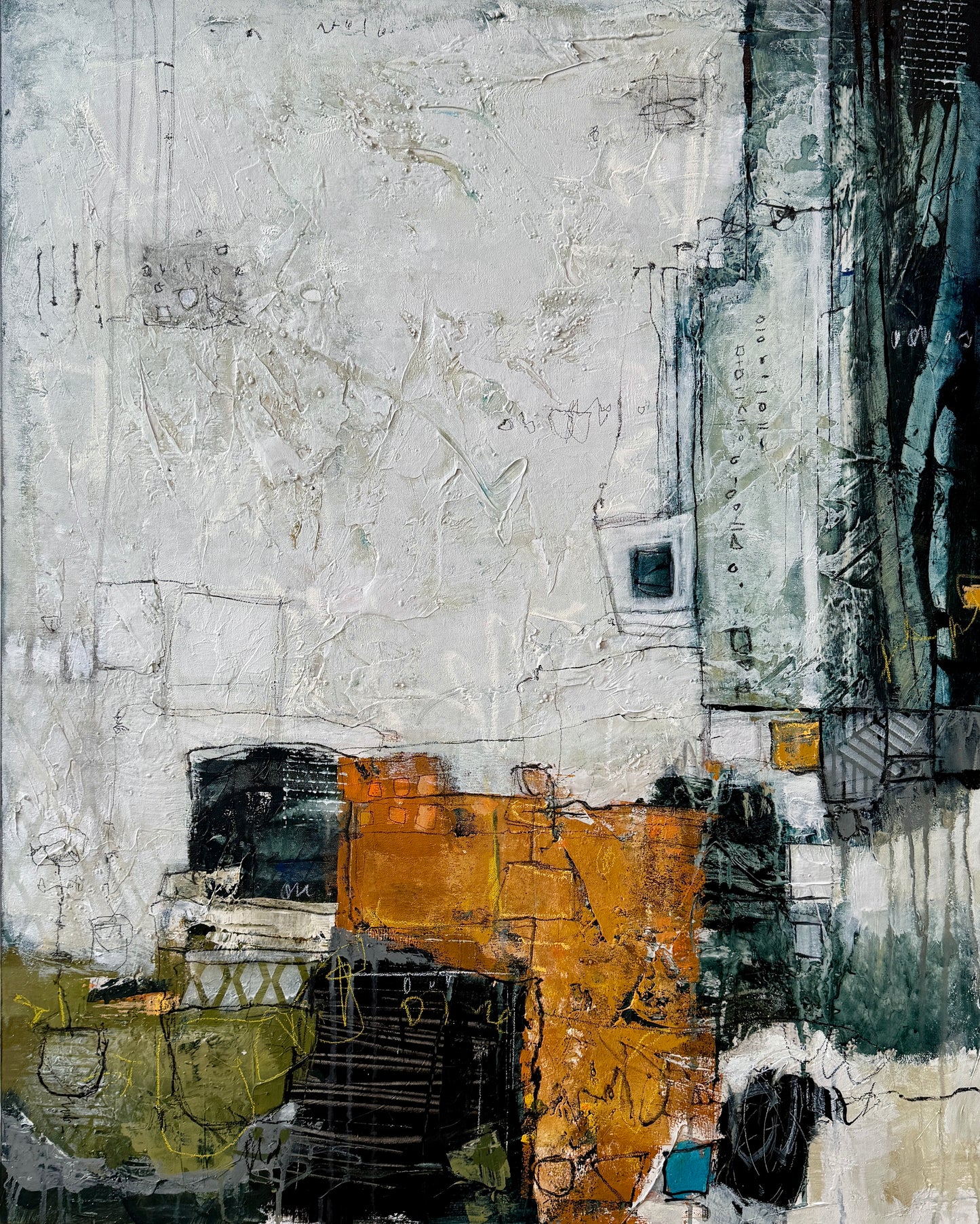 Residual by Lori Mirabelli, original abstract painting, 40 x 32 inches, featuring layered neutral tones, black linear marks, soft white, ochre, and weathered contemporary textures on canvas.
