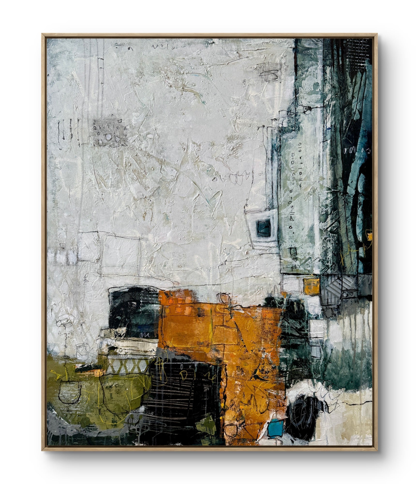 Straight-on view of Residual, a 40 x 32 inch contemporary abstract painting by Lori Mirabelli with textured layers, architectural shapes, black linework, and earthy neutral tones.