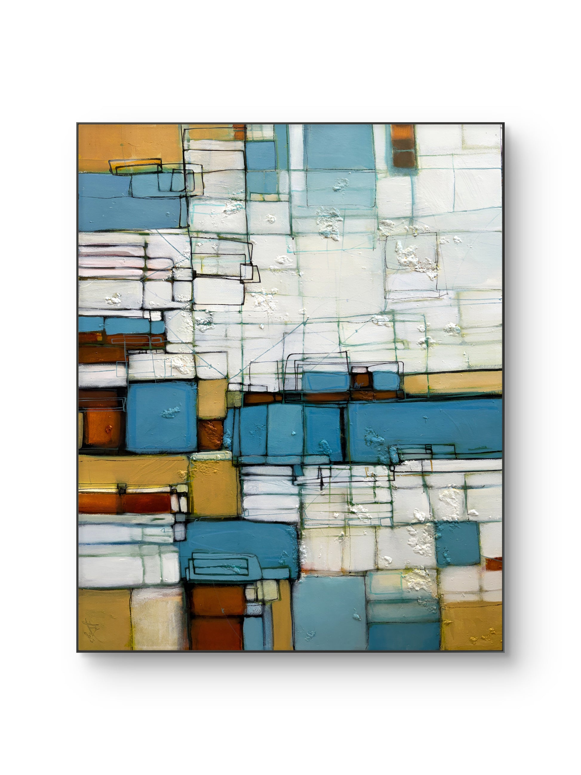 An abstract geometric canvas print featuring a grid of textured blocks in shades of blue, white, beige, and brown, displayed against a clean white background with a subtle drop shadow.