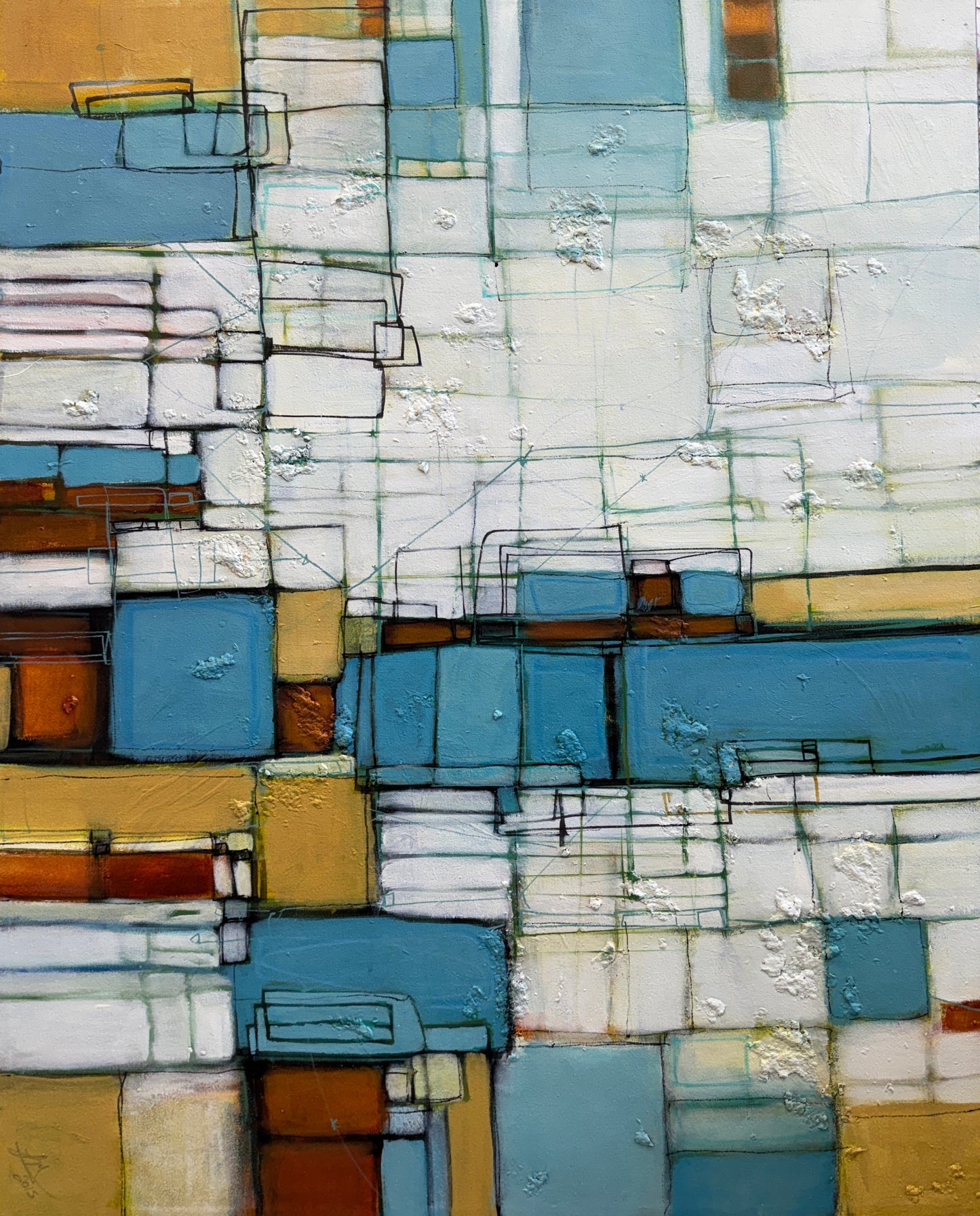 Abstract geometric painting with layered rectangular blocks in light blue, white, beige, and brown, outlined with fine black lines.