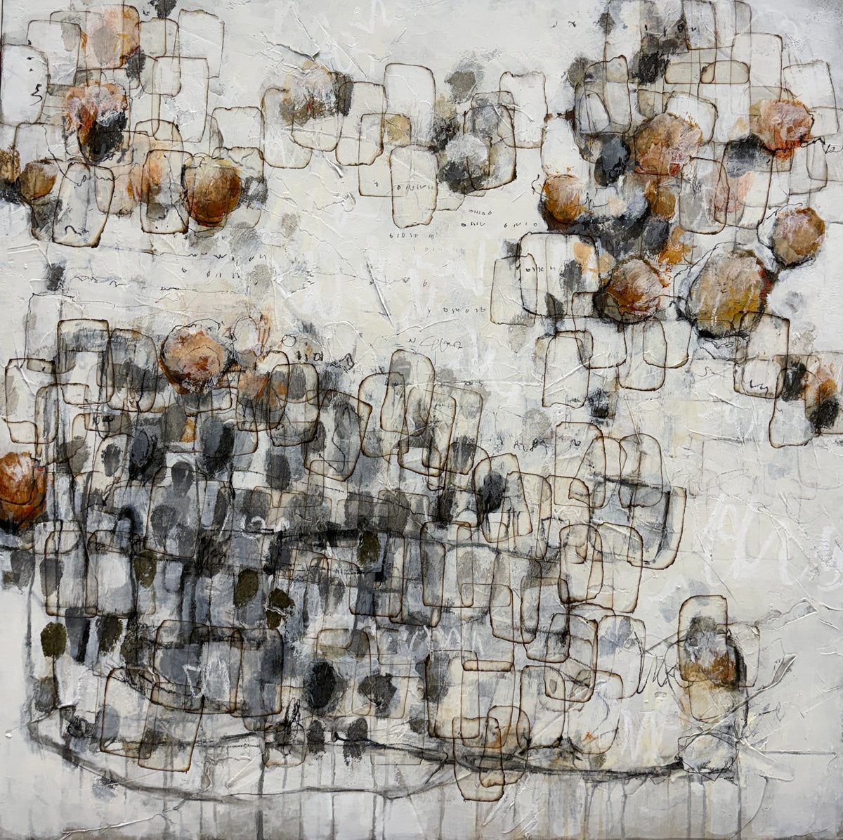 Large contemporary abstract painting with layered black linework, textured white background, soft grey forms and warm rust and ochre accents. Original modern abstract art by Canadian artist Lori Mirabelli, available for collectors and contemporary interiors in Stamford, Connecticut and Greenwich, Connecticut.