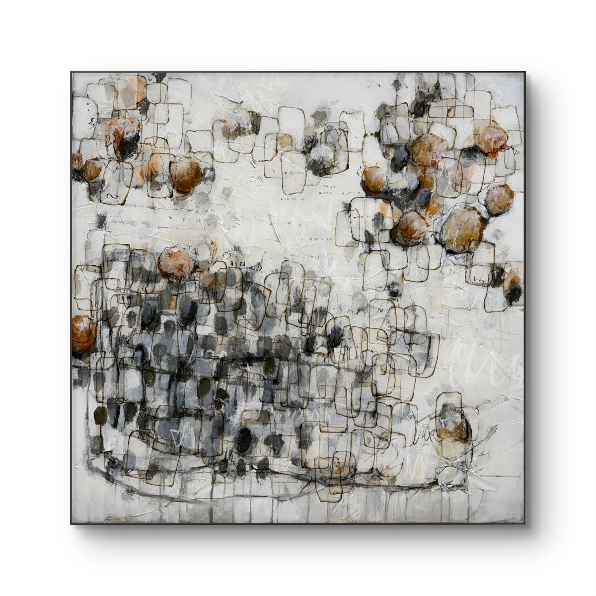 Large contemporary abstract painting with layered black linework, textured white background, soft grey forms and warm rust and ochre accents. Original modern abstract art by Canadian artist Lori Mirabelli, available for collectors and contemporary interiors in Stamford, Connecticut and Greenwich, Connecticut.