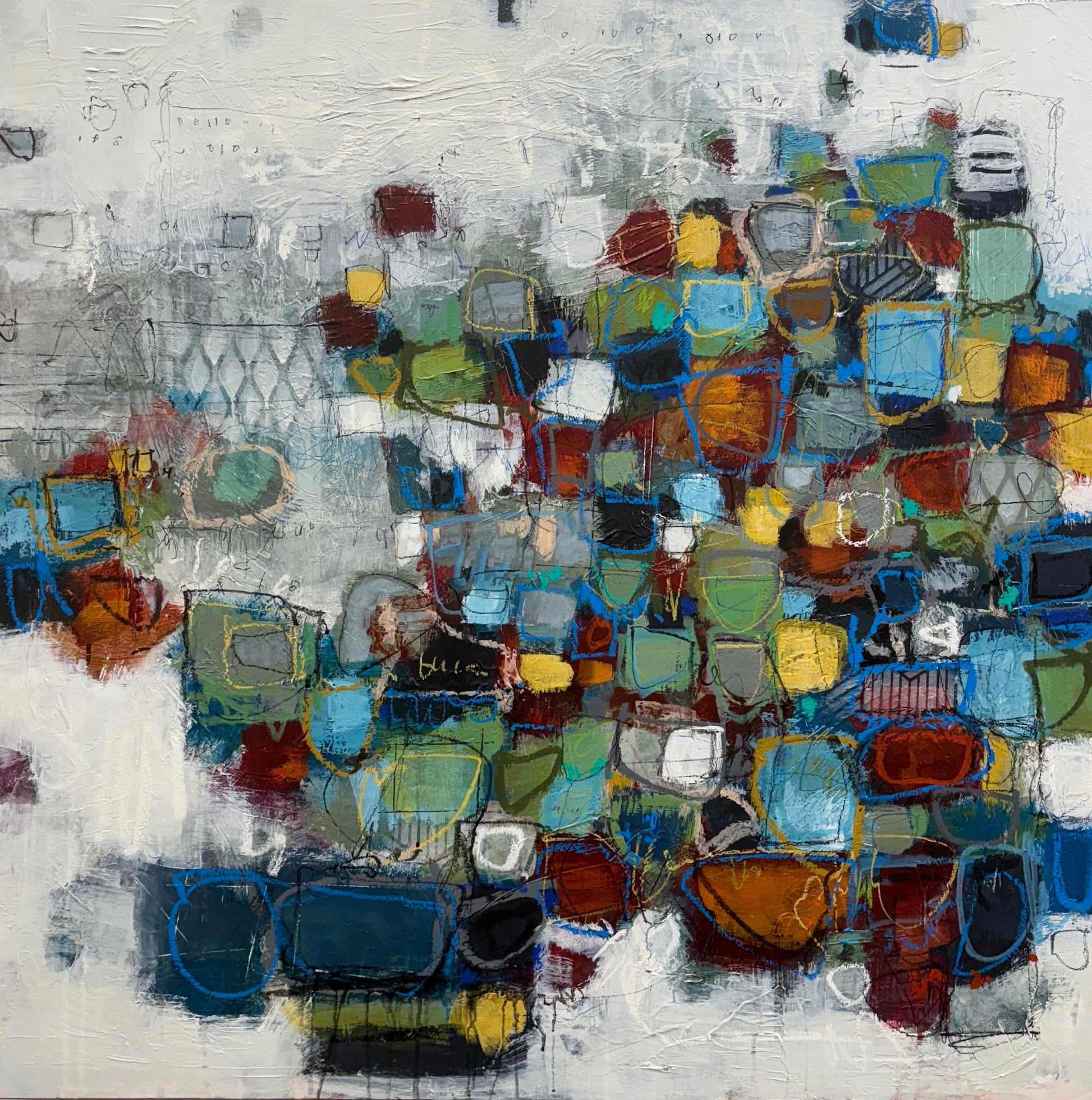 Abstract art piece with a mix of colors and textures Where to buy original art Lori Mirabelli